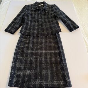 Suit Studio Sz 8 tweed Blazer/skirt set Collared Black White Womens Workwear